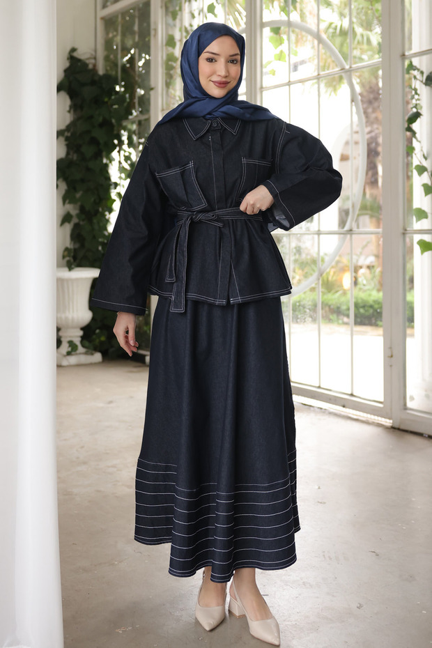 Navy Blue Belted Jacket and Skirt Denim Suit