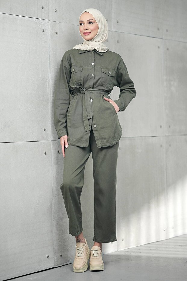 Khaki Bel Tie-Detail Pocketed Jacket and Trousers Denim Suit