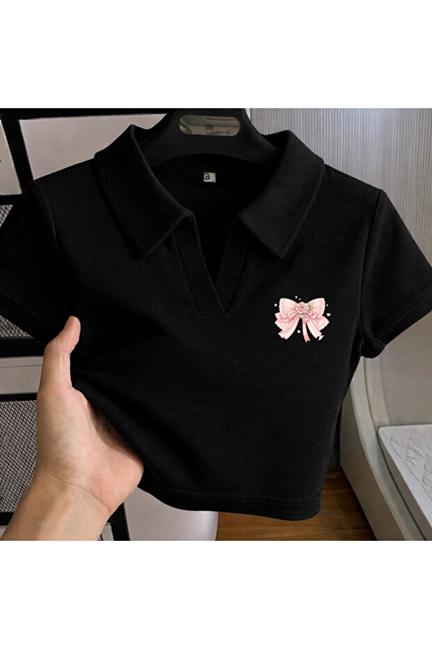 Black Polo Collar Double Bow Cropped