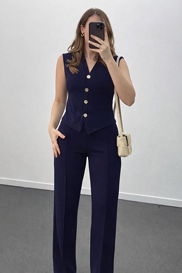 Azelia Modal Gold Buttoned Vest and Trousers Set