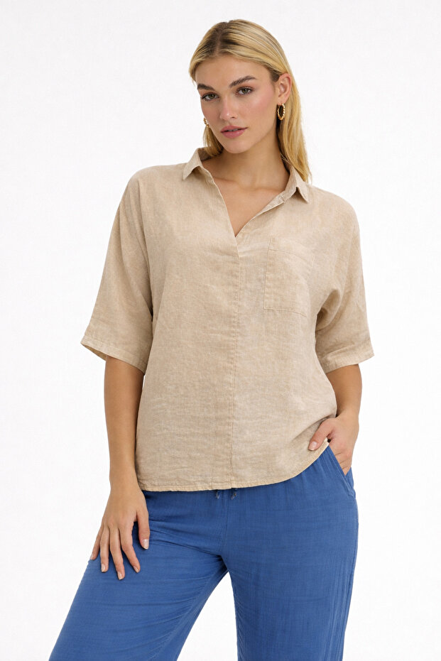 Women's Blouse - Linen Batwing Sleeve Blouse - 1640
