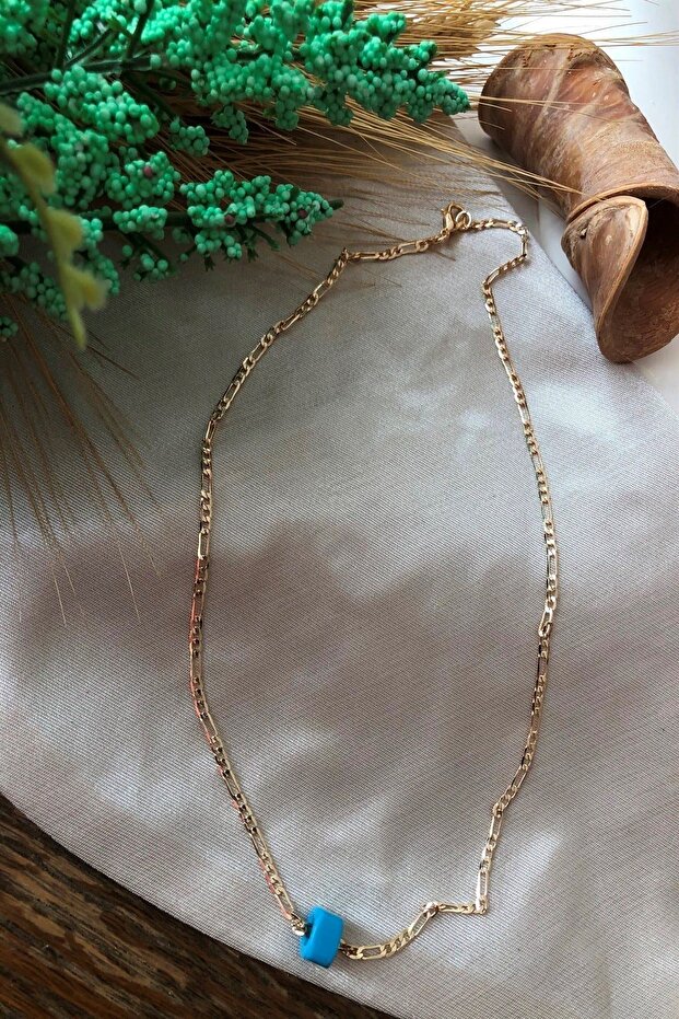 Women's Gold Figaro Chain Necklace - Minimalist Evil Eye Necklace with Blue Cube Bead Detail