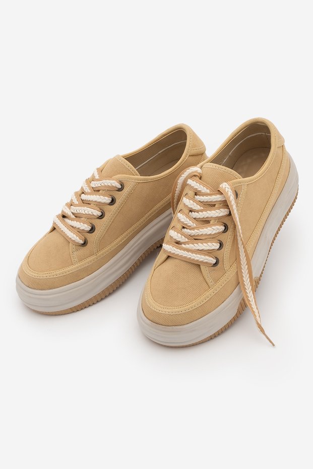 Women's Sneaker High Sole Lace-Up Sports Shoes Kotnel Yellow Linen