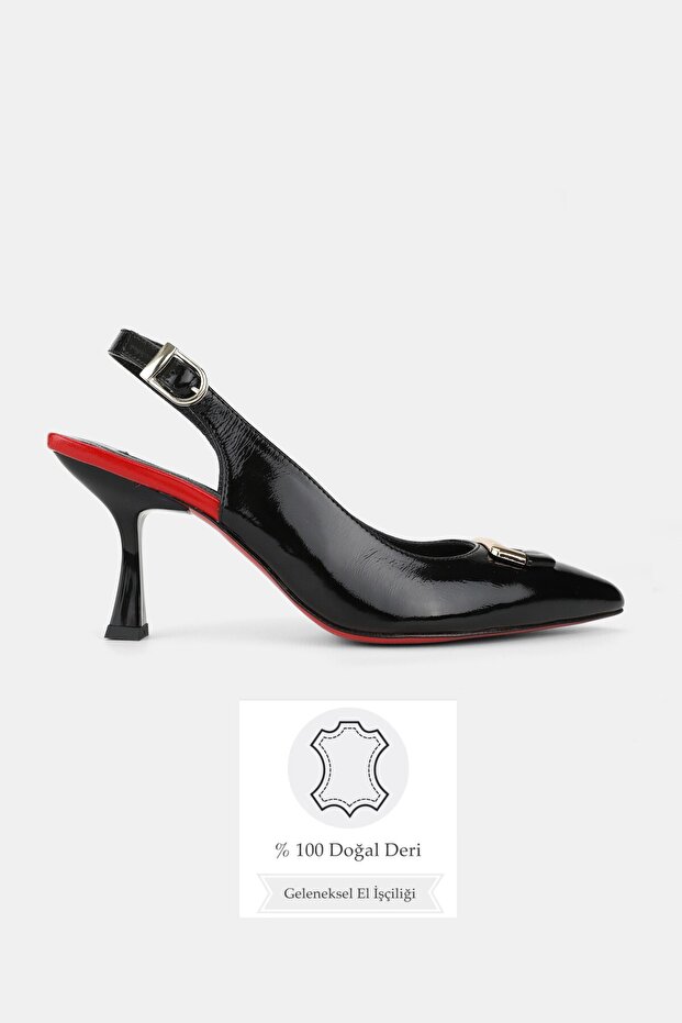 Women's Black Patent Leather Genuine Leather Leather -35-41 Size Medium Heel Buckle Open Back Shoes