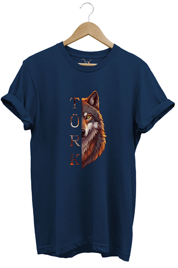 Unisex Turkish Written and Alfa Bozkurt Printed Göktürk 100% Cotton Basic T-Shirt