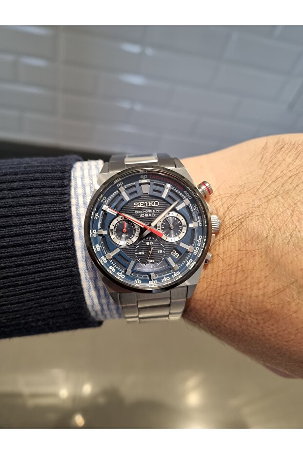 Navy Blue Dial with Calendar Steel Strap, 10 Atm Waterproof Men's Wristwatch