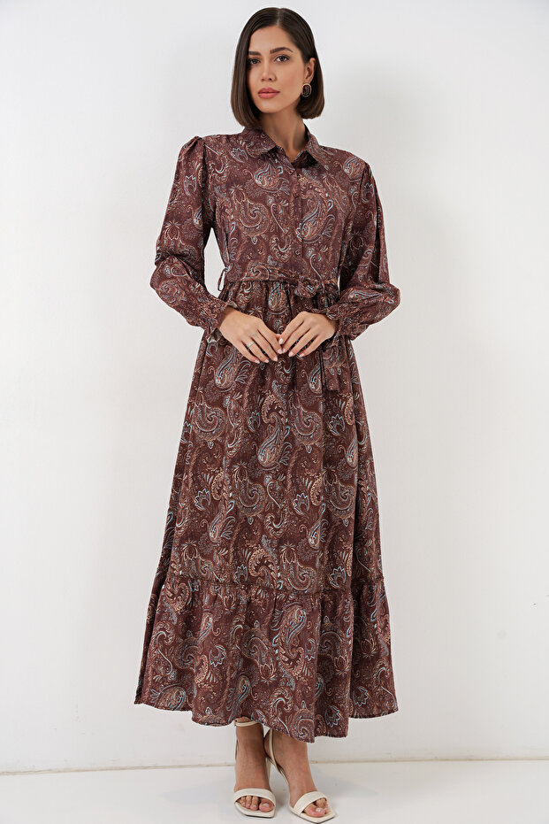 Women's Belted Hijab Dress 2589 - Brown
