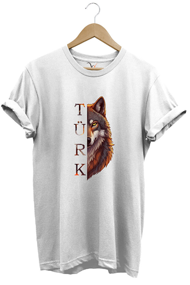 Unisex Turkish Written and Alfa Bozkurt Printed Göktürk 100% Cotton Basic T-Shirt