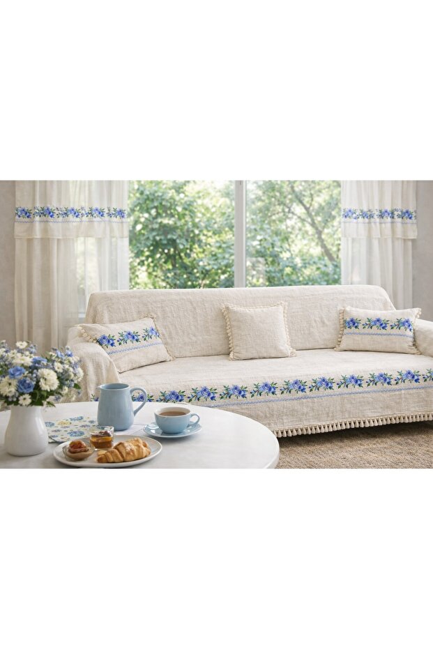 Rose Cross-Stitch Set Sofa Cover 350X180 (2 Cleaning Covers with Gift) Blue