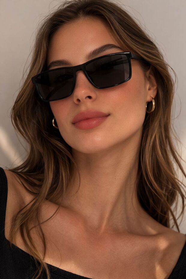 Unisex Black Rectangular Sunglasses Large Frame Modern Design Uv400 Protected