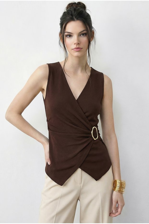 Women's Bitter Brown Double Breasted Collar Blouse with Gold Buckle Detail 2303 60283993