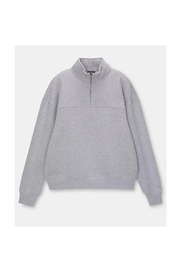 Oversize Half-Zip Collared Basic Sweatshirt - Gray - - 1