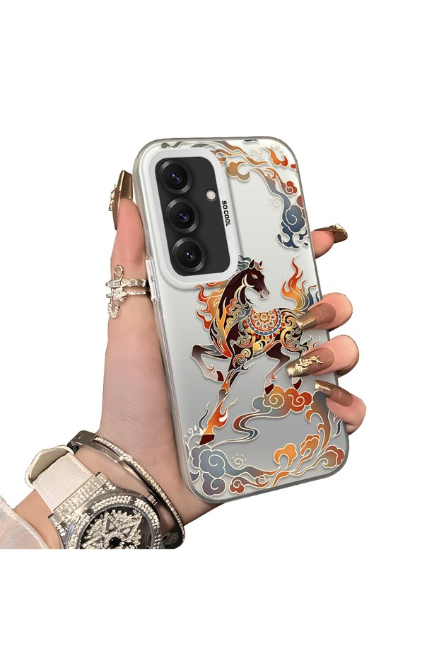 Samsung Galaxy S25 Compatible Hard Acrylic Back Silicone Edge Lens Protection Case Horse Patterned