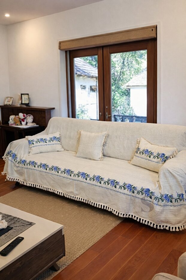 300X180 Gül Cross-Stitch Embroidered Sofa Bed Sofa Cover Buldan Işi (2 Kirlent Covers with Gift) Blue