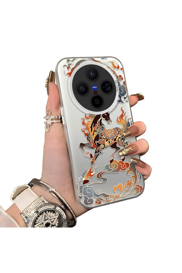 Vivo X300 Compatible Hard Acrylic Back Silicone Edge Lens Protection Case Horse Patterned