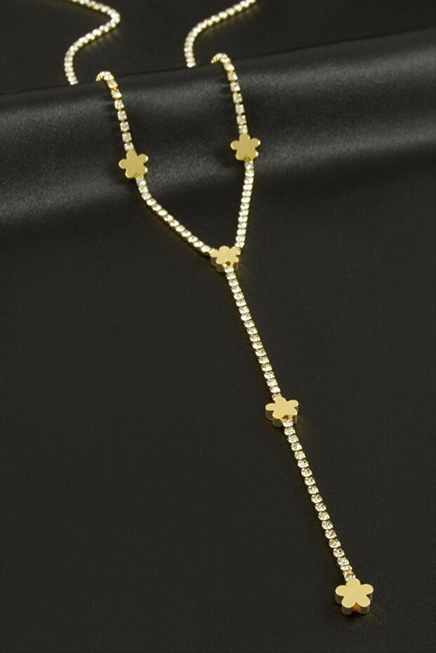 Lvsqvr Flower Stripe Stone Steel Y Necklace - (164830) Silver Color