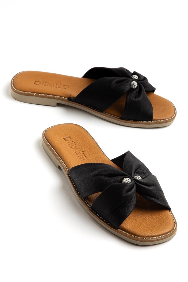 Genuine Leather Black Women's Flat Heels with Slipper Cross Straps and Stones