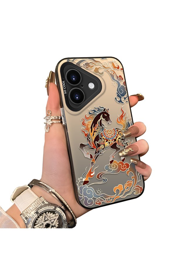 iPhone 16 Plus Compatible Hard Acrylic Back Silicone Edge Lens Protection Case Horse Patterned
