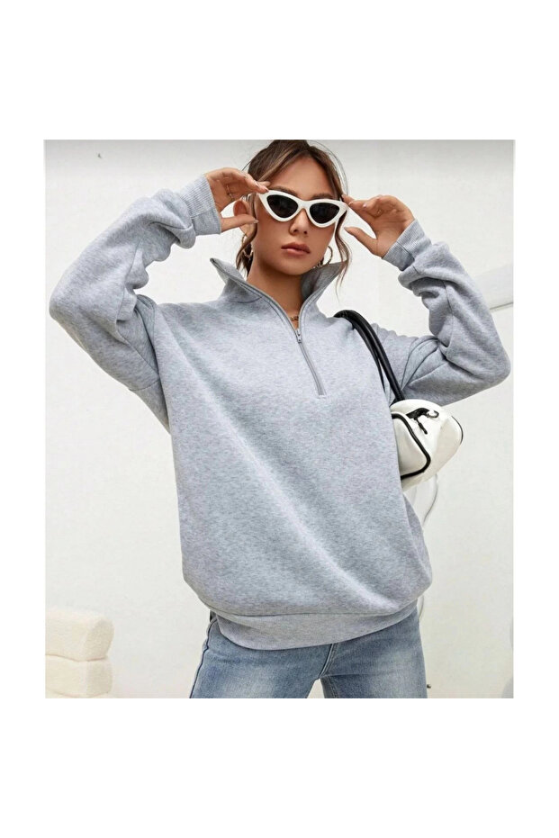 سترة رياضية أساسية بأكمام طويلة وياقة نصفية - رمادي - - 2