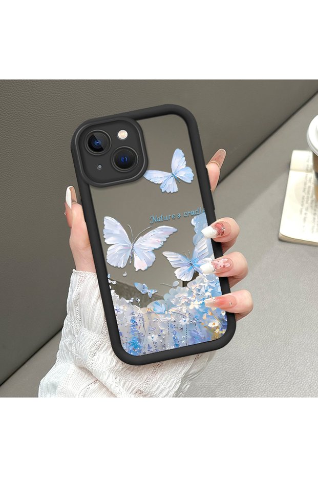 iPhone 15 Plus Compatible Luxury and Stylish Romantic Butterfly and Floral Print Mirror Case