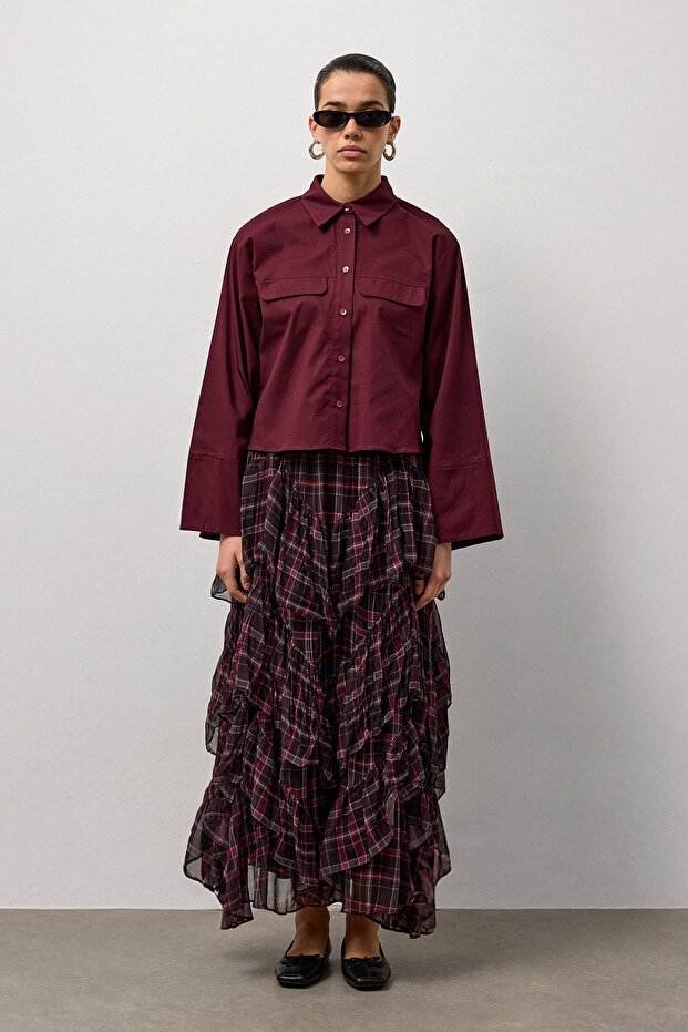 Bordo Geniş Kol Mini Gömlek - 1