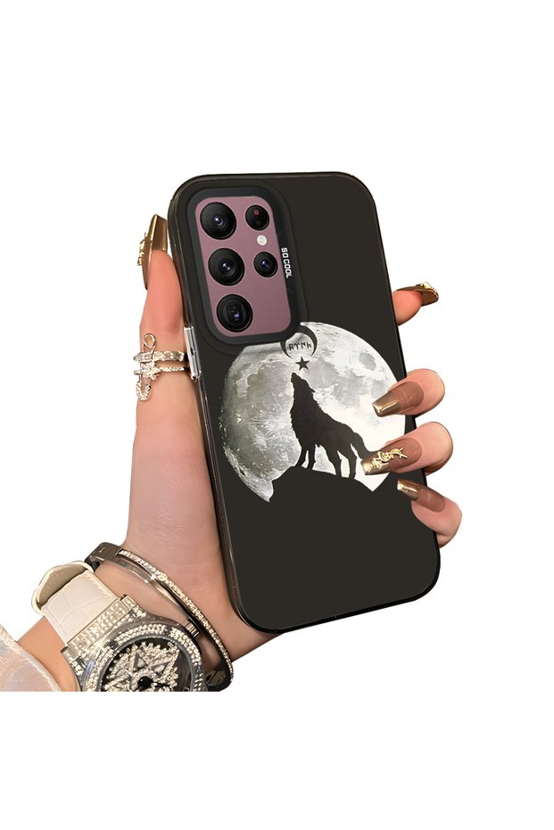Samsung Galaxy S22 Ultra Compatible Hard Acrylic Back Silicone Edge Lens Protection Case Wild Wolf