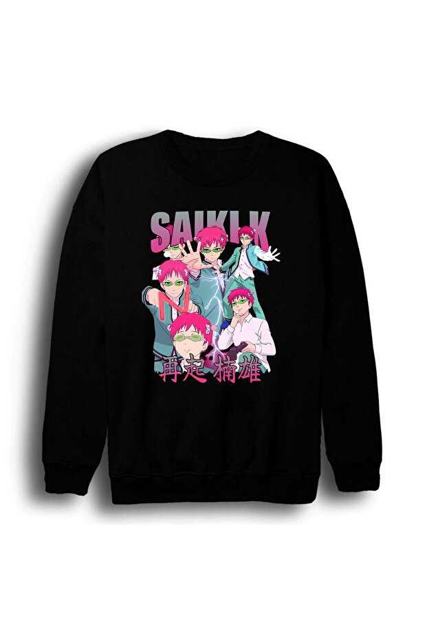 Saiki Kusuo - No Ψ Nan - Anime Printed Unisex 100% Cotton Crew Neck Black Sweatshirt