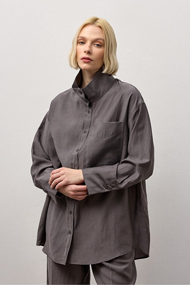 Gri Tek Cepli Oversize Gömlek - 3
