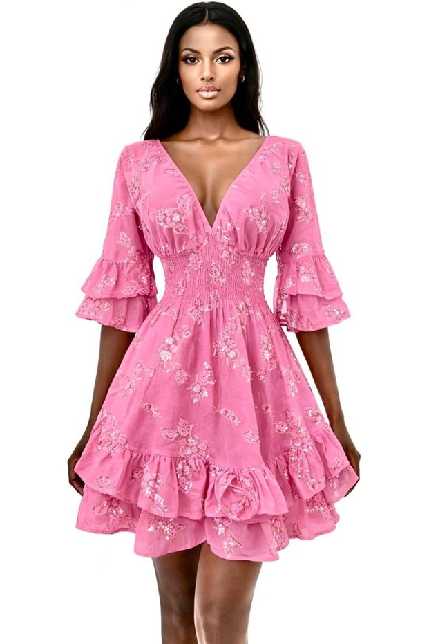 Women’s Floral V-Neck Mini Dress – Elegant Ruffle Sleeve, Smocked Waist, Flowy A-Line Summer Par