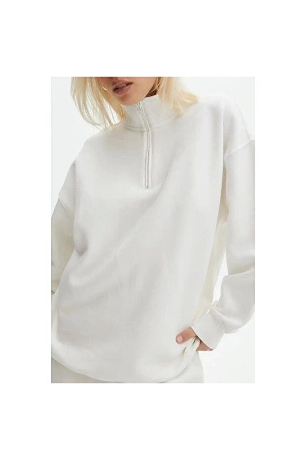 سترة رياضية أساسية بأكمام طويلة وياقة نصفية - أبيض - 3