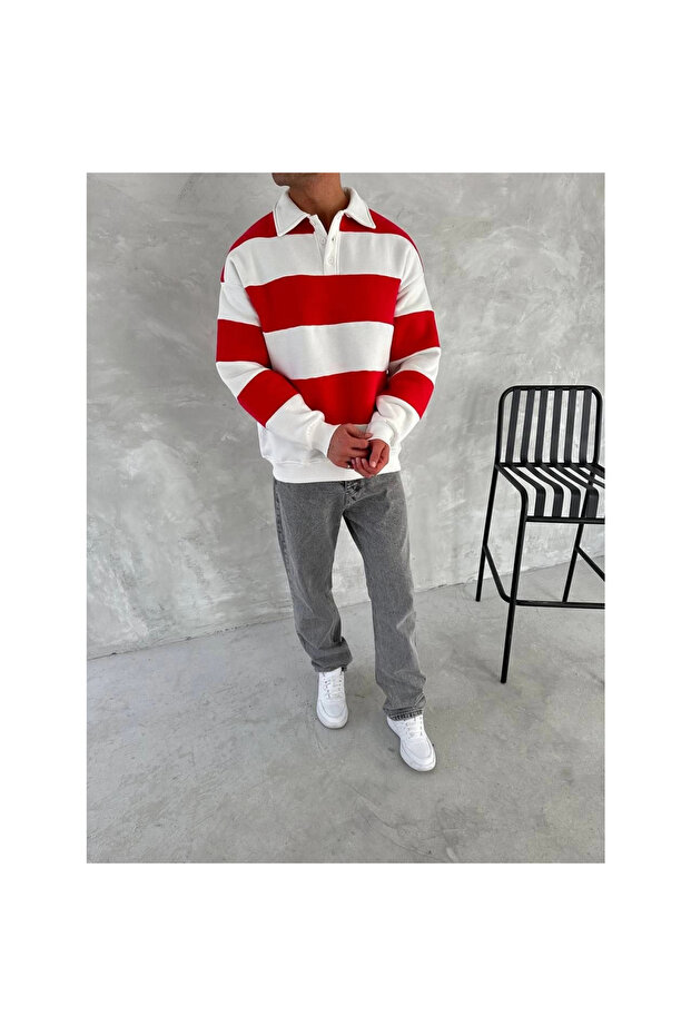 سويت شيرت بياقة ثلاثية الخيوط - أحمر - 8