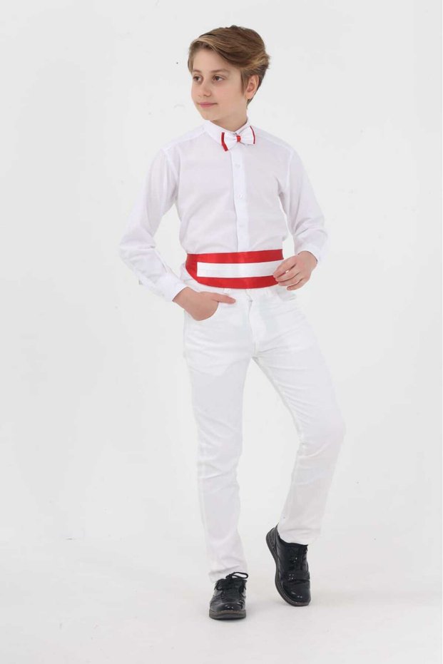 23 April Show Outfit - Men's Top and Bottom Set White Shirt White Pants Red Belt Bow Tie