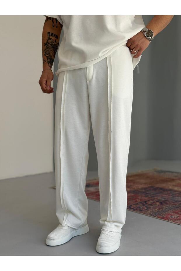Seam Detail 100% Cotton White Sweatpants