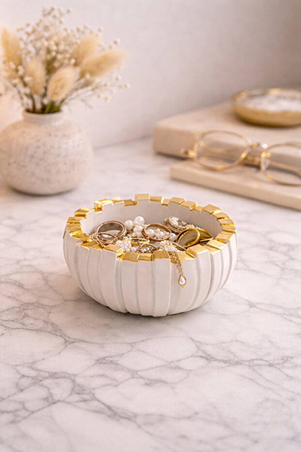 Off-White Gold Detailed Jewelry Organizer | Handmade Stone Powder with a Diameter of 10 Cm, Varnished