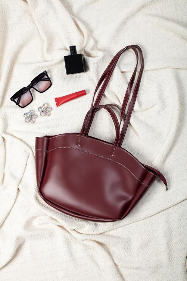 Women's Double Strappy Makeup Set Bag Pcs Burgundy Hand and Shoulder Bag