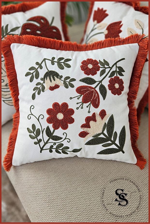 Beauty Flowers Punch Embroidered Patterned Linen Cushion Cover