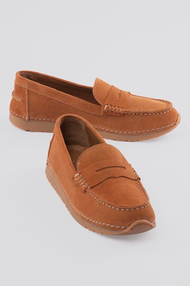 Women's Genuine Suede Loafers Comfort Sole Casual Shoes Monela Tan
