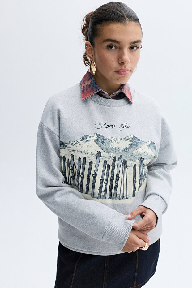 BASKILI BİSİKLET YAKA OVERSIZE SWEATSHIRT - 3