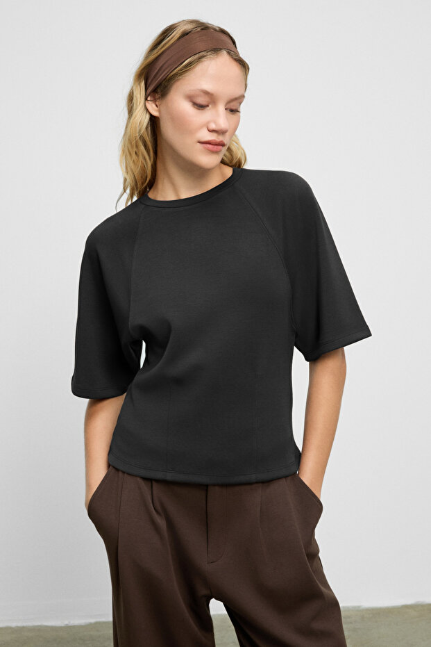 Jolieza women's crew neck puff sleeve relaxed fit black blouse