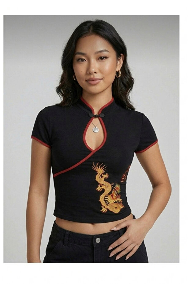 Mandarin Collar Dragon Motif Chines Style Short Sleeve Blouse