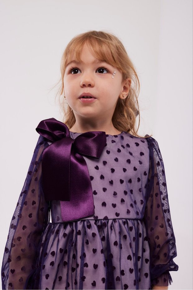 Girl's Dress Heart Patterned Ribbon Detailed Birthday Eid Special Day (Buckle Included)