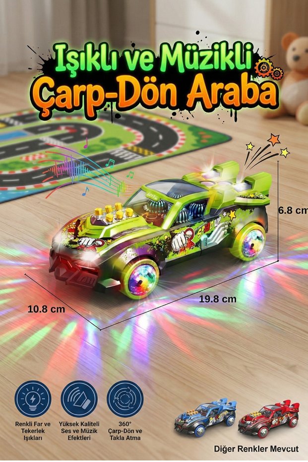 Transparent Gear Toy Car with Lights and Music, 360 Degree Rotating Twist and Turn Moving Car, Green