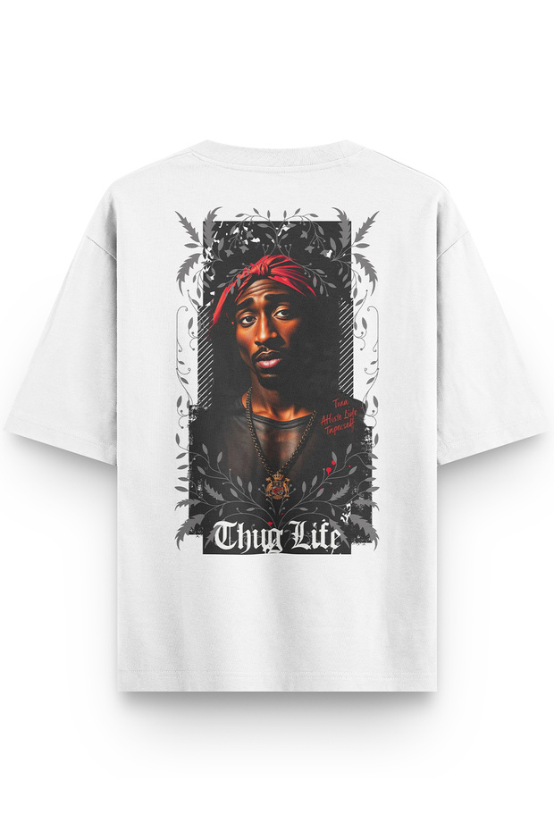 تي شيرت TuPac 2pac Back مطبوع أبيض شبه كبير الحجم 1407