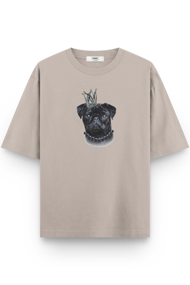 Dog Printed Half Oversized Stone Color T-Shirt 1021