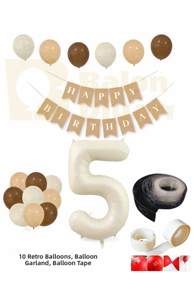5 Year Old Retro Birthday Set; Cream Number Foil, Banner, Tape Chain, High Quality Latex Balloon