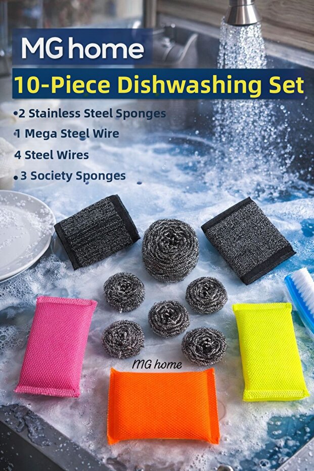 10 Piece Dishwashing Set ❤️ Stainless Steel Dish Sponge Steel Wire Scourer Sponge