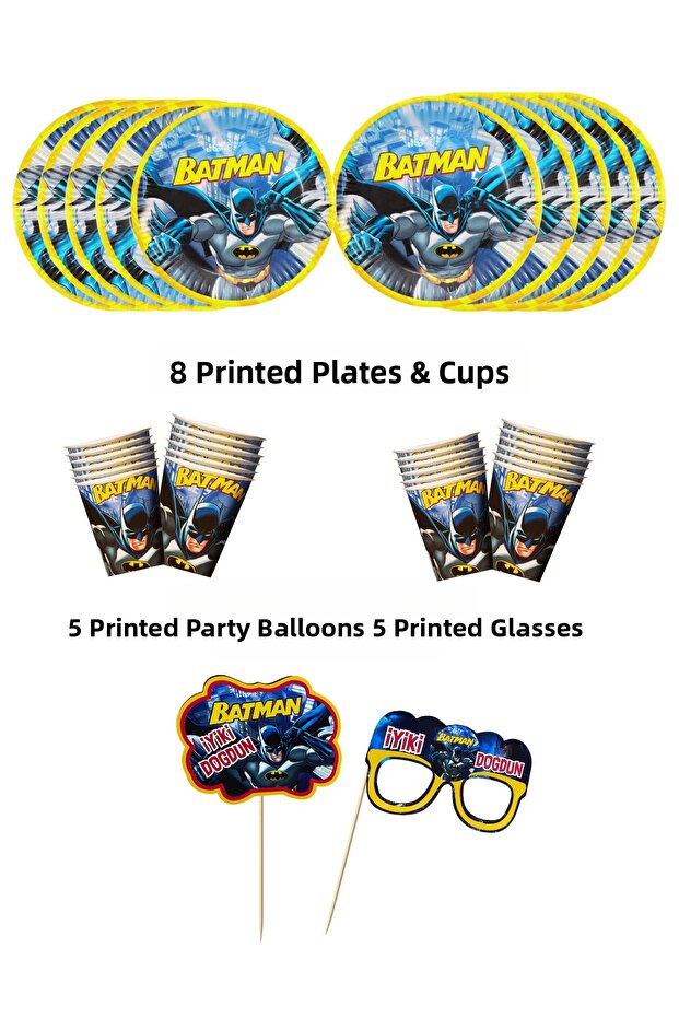 Batman Betmen 8-Person Plate, Cup & 5 Speech Bubbles & Glasses Cake Topper Party Set