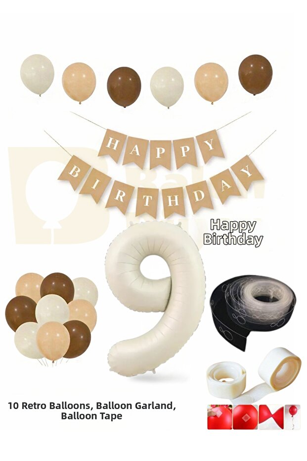 9Th Birthday Retro Set; Cream Number Foil, Banner, Tape Chain, High-Quality Latex Balloon