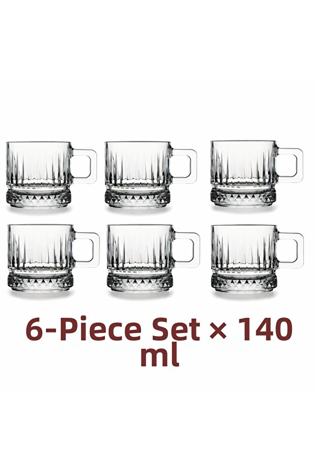 Set of 6 Glass Coffee Cups, Espresso Cup Set 140 ml Glass Mug with Handle Transparent Patterned Glass Mug
