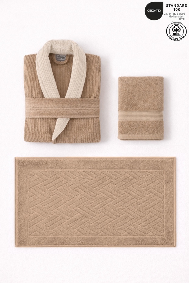 3-Piece Beige Contrast Bathrobe Set 100% Cotton Striped Bathrobe, Head and Foot Towels (Striped Mats)